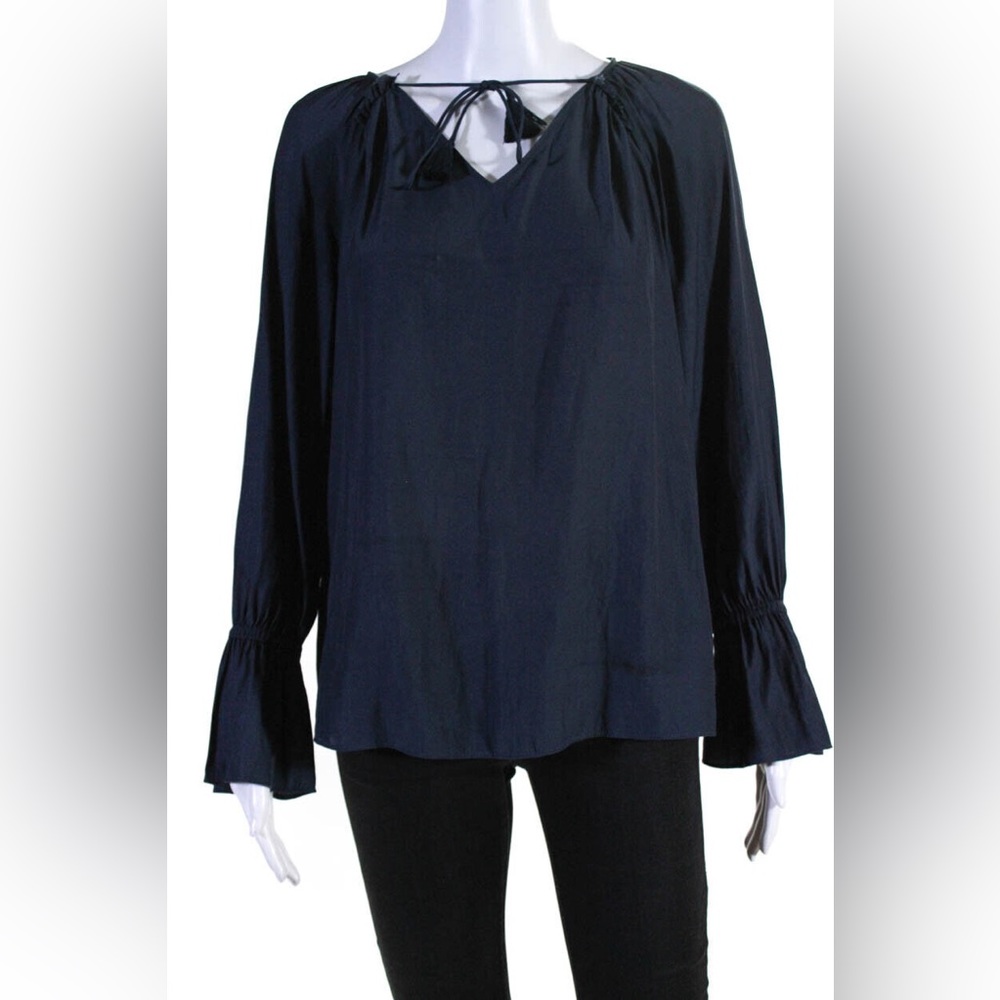 Ramy Brook Womens Satin Blue Tie Front V-Neck Long Sleeve Blouse Top - Picture 6 of 13